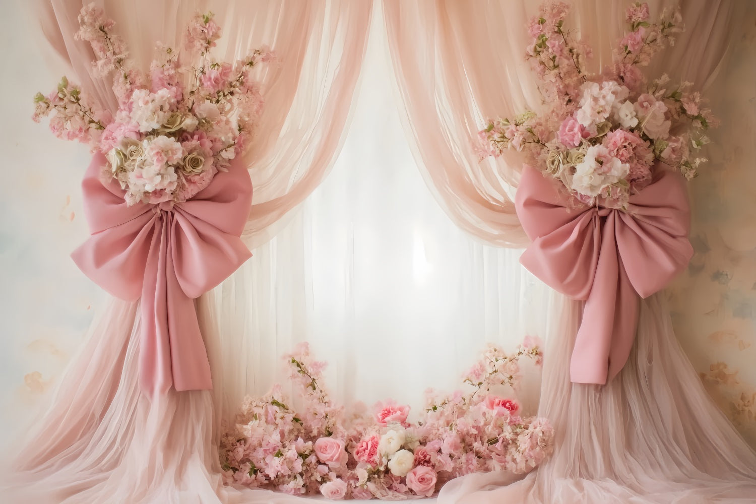 Hochzeit Vintage Blush Vorhänge Blumenschleifen Eleganter Hochzeitshintergrund TWW59-43