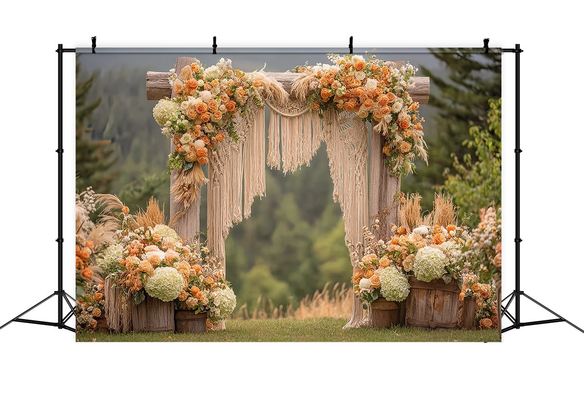 Hochzeit Makramee-Fotohintergrund Rustikaler Bogen Orangefarbene Rosen Boho-Hochzeitshintergrund TWW59-44