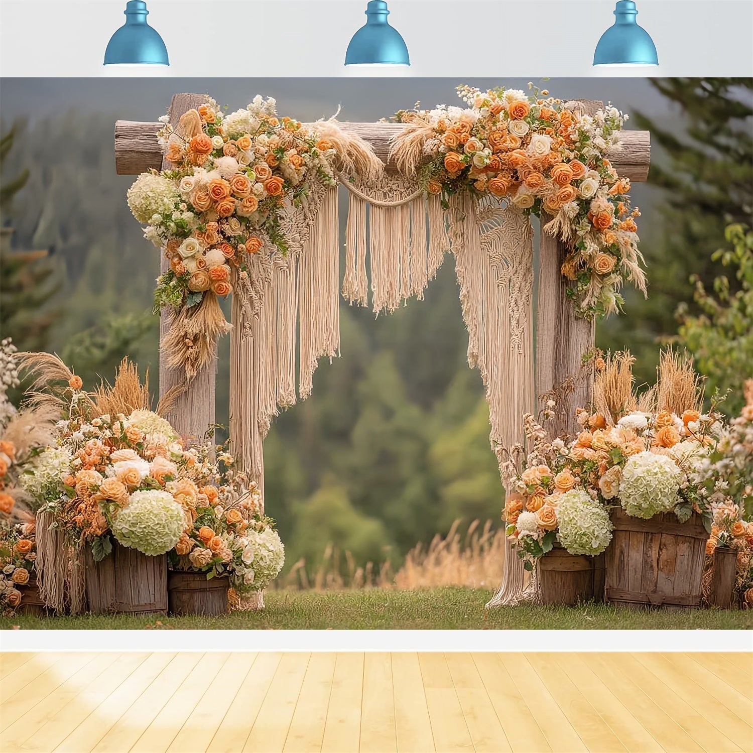 Hochzeit Makramee-Fotohintergrund Rustikaler Bogen Orangefarbene Rosen Boho-Hochzeitshintergrund TWW59-44