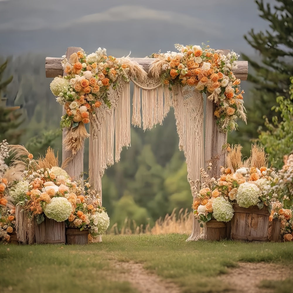Hochzeit Makramee-Fotohintergrund Rustikaler Bogen Orangefarbene Rosen Boho-Hochzeitshintergrund TWW59-44