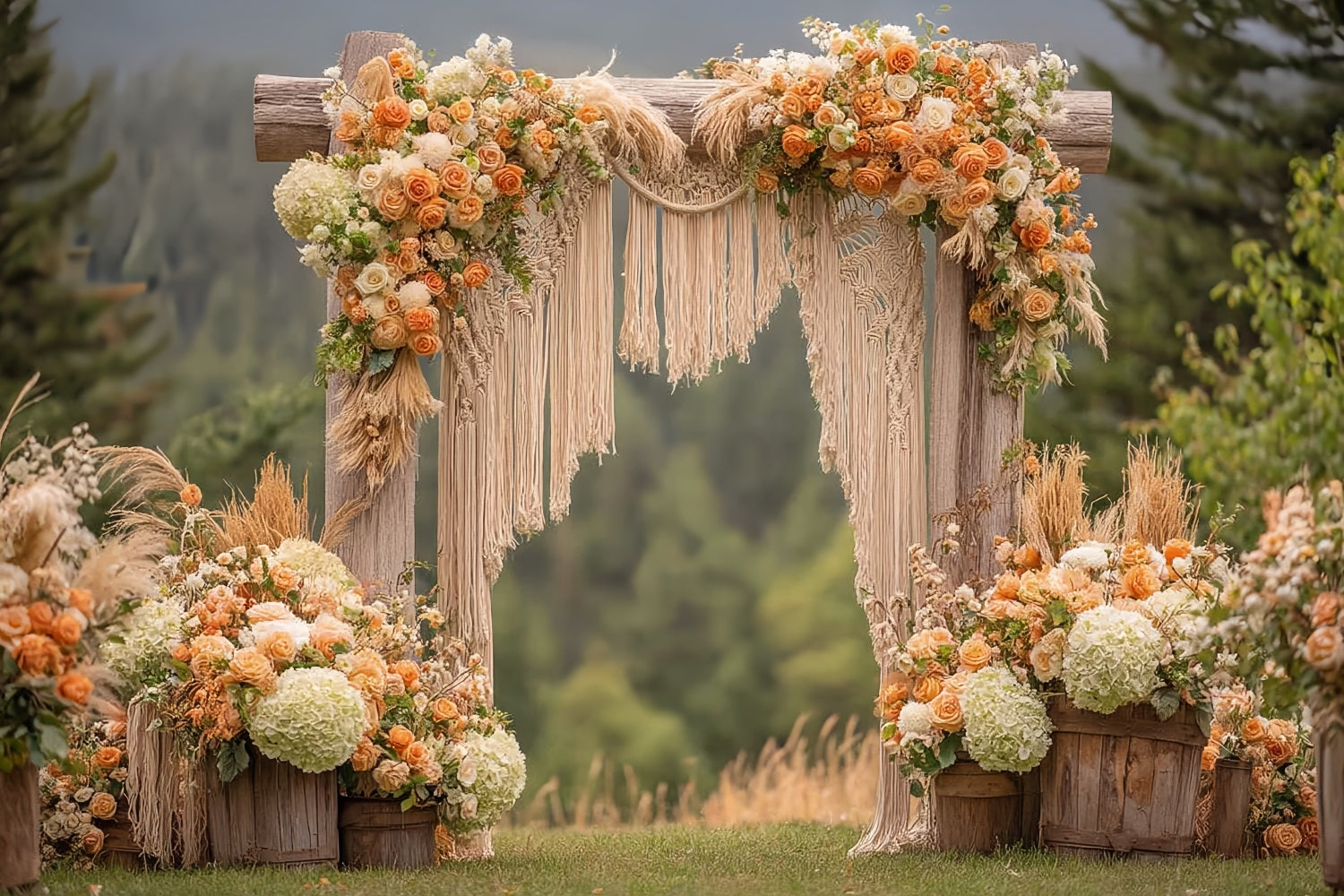 Hochzeit Makramee-Fotohintergrund Rustikaler Bogen Orangefarbene Rosen Boho-Hochzeitshintergrund TWW59-44
