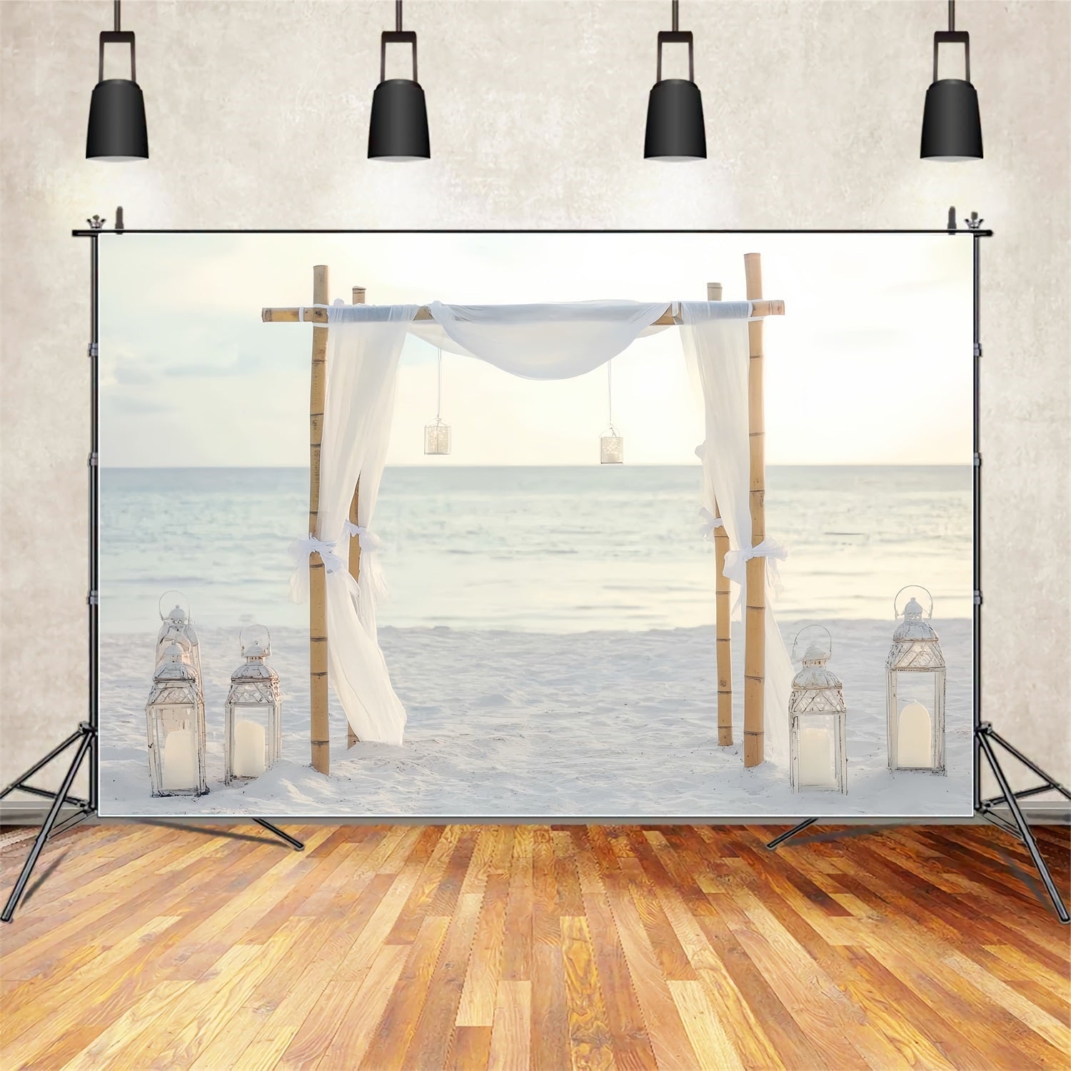 Hochzeits-Strandkulisse Minimalistischer Bambus Weiße Vorhänge Hochzeitskulissen-Design TWW59-49