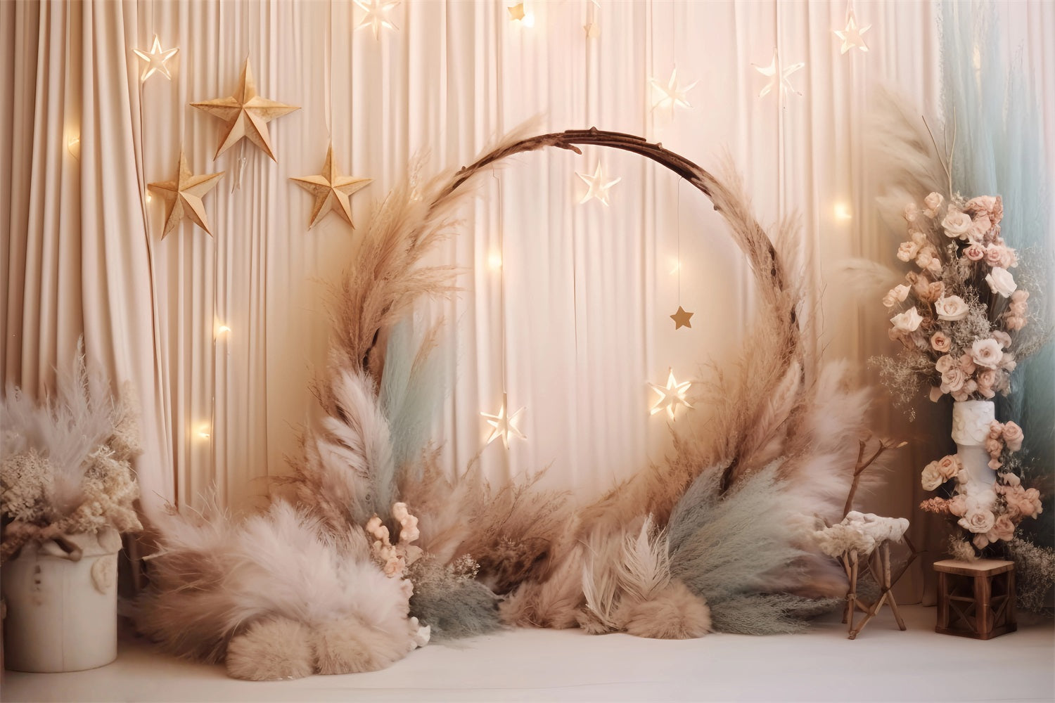 Hochzeits-Weihnachtshintergrund Sternenklare Pampas Blumenbogen Eleganter Hochzeitshintergrund TWW59-51
