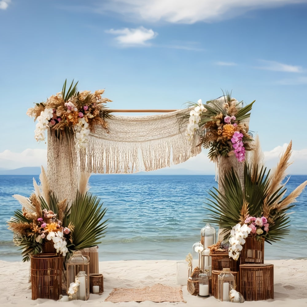 Hochzeits-Strandhintergrund Bohemian Seaside Makramee-Bogen Hochzeitshintergrund-Ideen TWW59-52