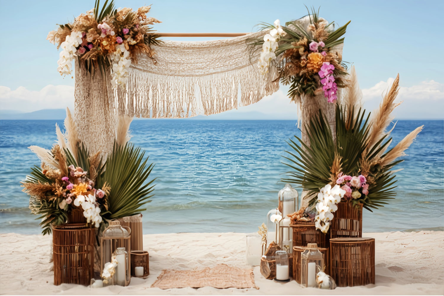 Hochzeits-Strandhintergrund Bohemian Seaside Makramee-Bogen Hochzeitshintergrund-Ideen TWW59-52