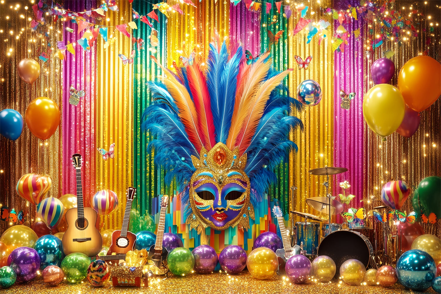 Maskenkarneval-Fotohintergrund Bunte Federmasken Party-Bühne Karnevalshintergründe TWW59-6