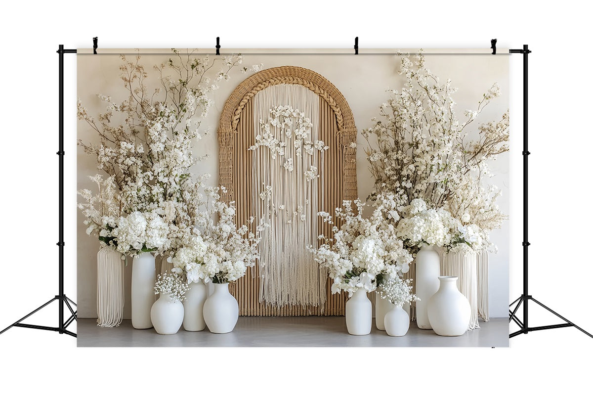 Hochzeits-Boho-Fotohintergrund Rustikaler Bogen Weiße Blüten Hochzeitshintergrund TWW59-61