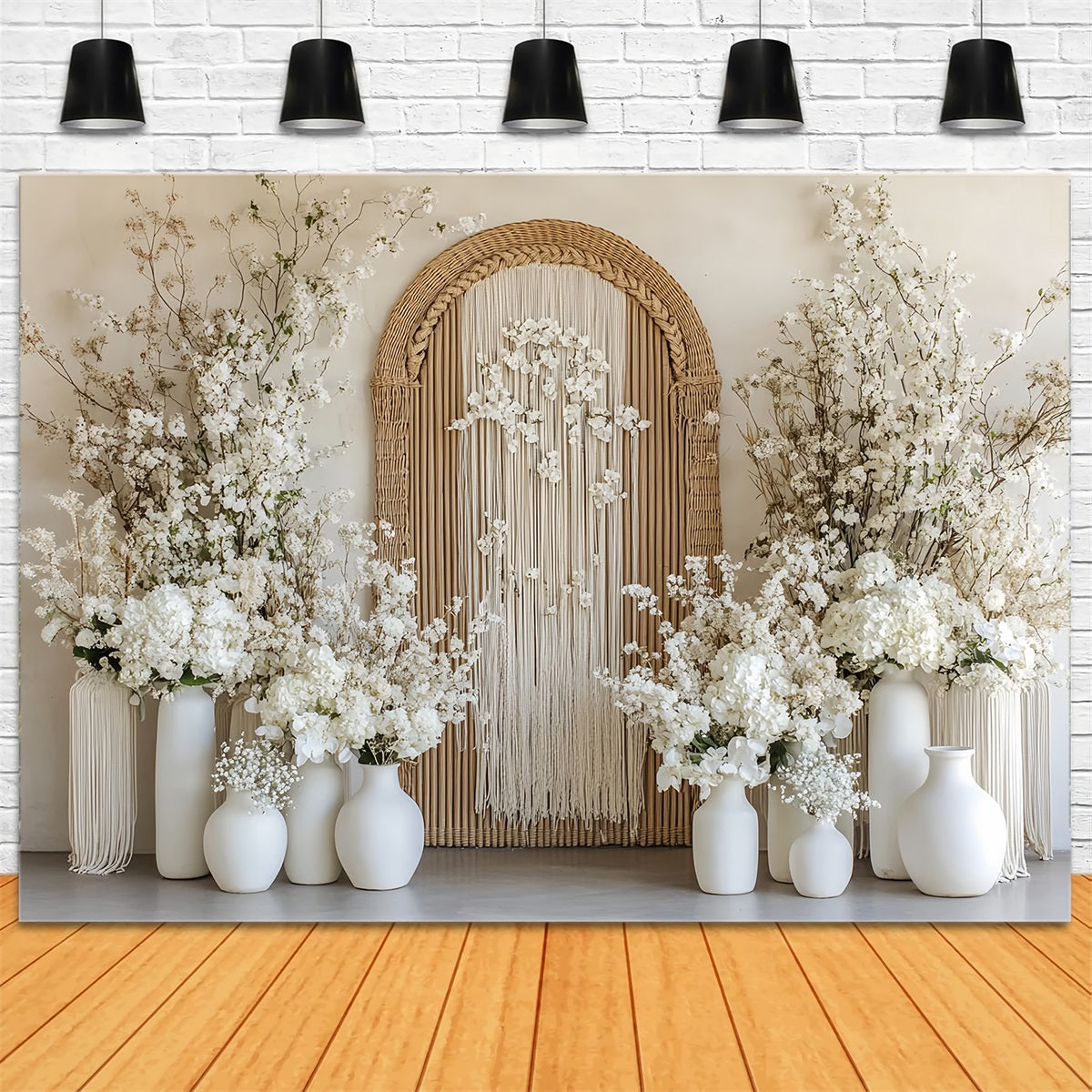 Hochzeits-Boho-Fotohintergrund Rustikaler Bogen Weiße Blüten Hochzeitshintergrund TWW59-61
