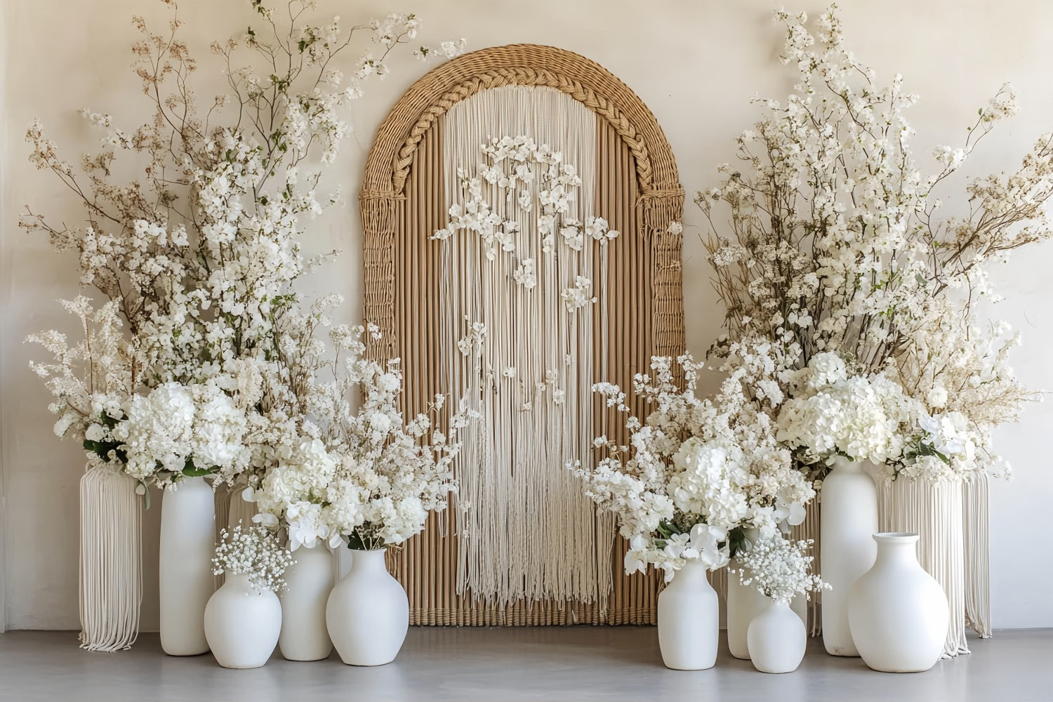 Hochzeits-Boho-Fotohintergrund Rustikaler Bogen Weiße Blüten Hochzeitshintergrund TWW59-61