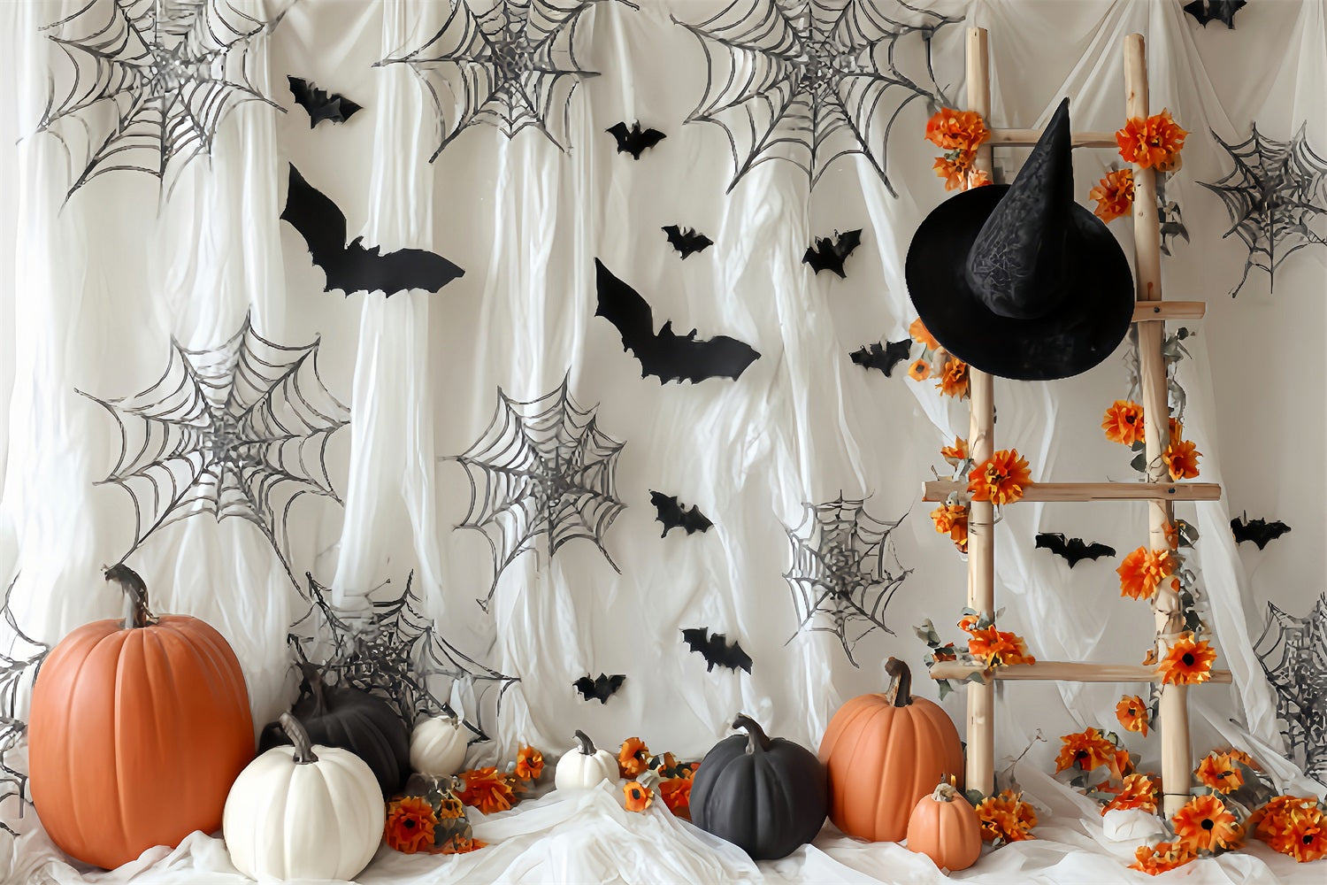 Halloween-Fledermaus-Fotohintergrund Kürbis Spinnennetz Leiter Halloween-Fotohintergrund TWW59-62