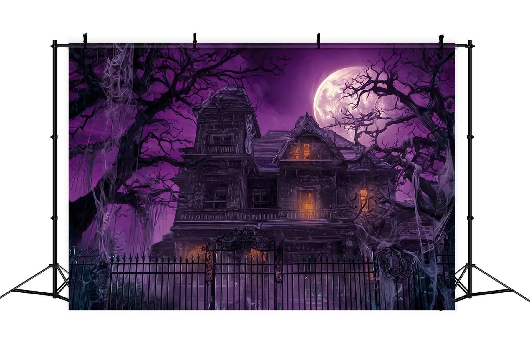 Halloween-Spukhaus-Fotohintergrund Lila Himmel Vollmond Gruselige Halloween-Hintergründe TWW59-63
