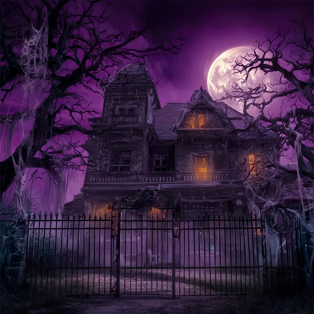Halloween-Spukhaus-Fotohintergrund Lila Himmel Vollmond Gruselige Halloween-Hintergründe TWW59-63