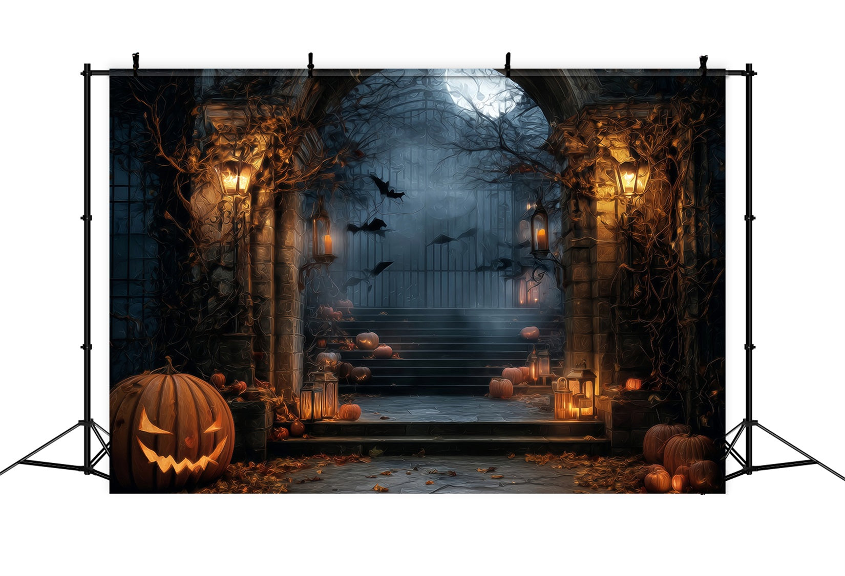 Halloween-Spukwald-Fotohintergrund Gruseliges Tor Laternen Kürbisse Halloween-Fotohintergrund TWW59-64