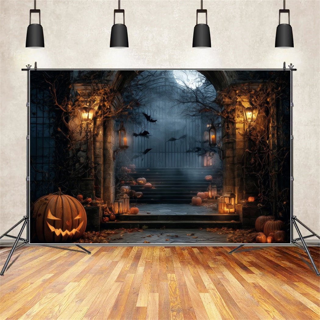 Halloween-Spukwald-Fotohintergrund Gruseliges Tor Laternen Kürbisse Halloween-Fotohintergrund TWW59-64