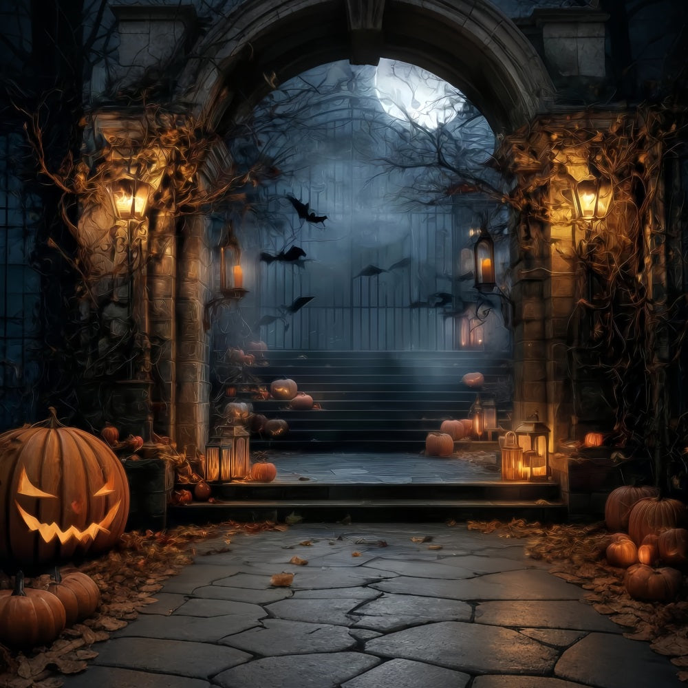 Halloween-Spukwald-Fotohintergrund Gruseliges Tor Laternen Kürbisse Halloween-Fotohintergrund TWW59-64