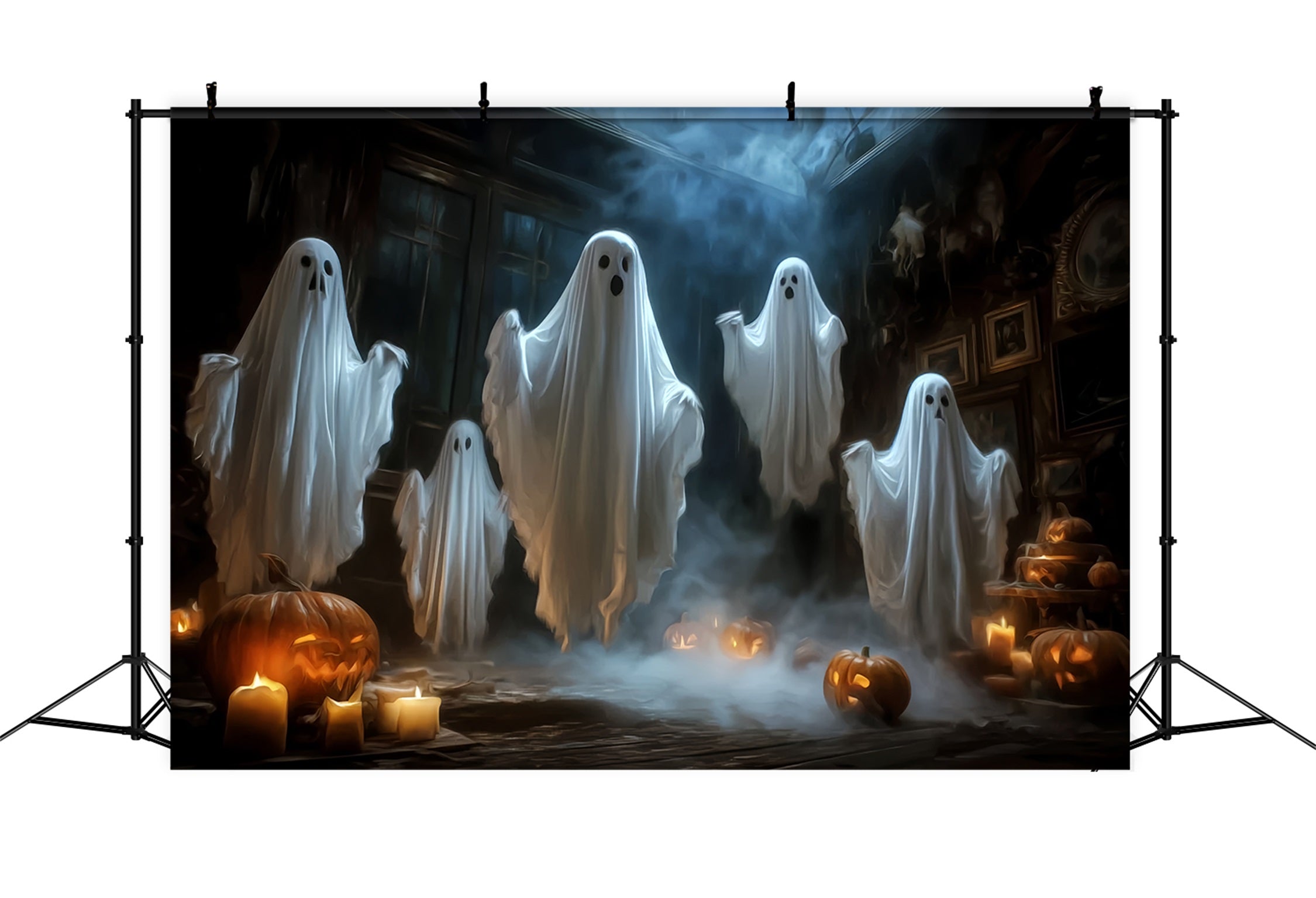 Halloween-Geister-Fotohintergrund Schwebende Geister Kerzen Kürbisse Gruseliger Halloween-Fotohintergrund TWW59-65
