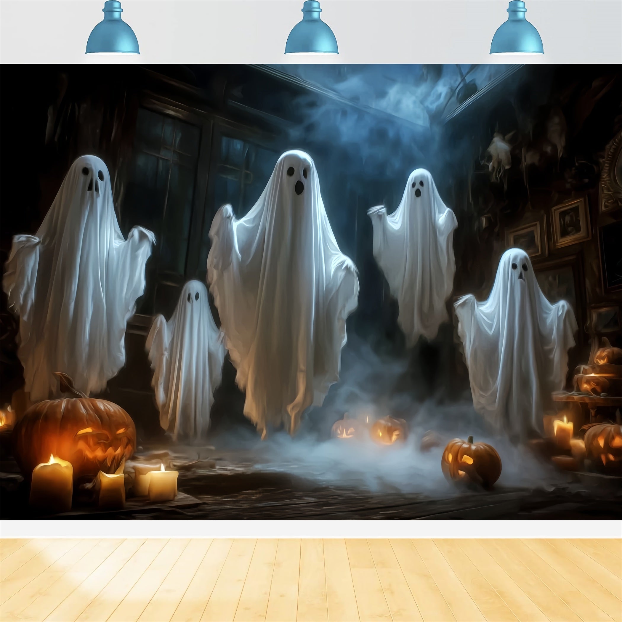 Halloween-Geister-Fotohintergrund Schwebende Geister Kerzen Kürbisse Gruseliger Halloween-Fotohintergrund TWW59-65