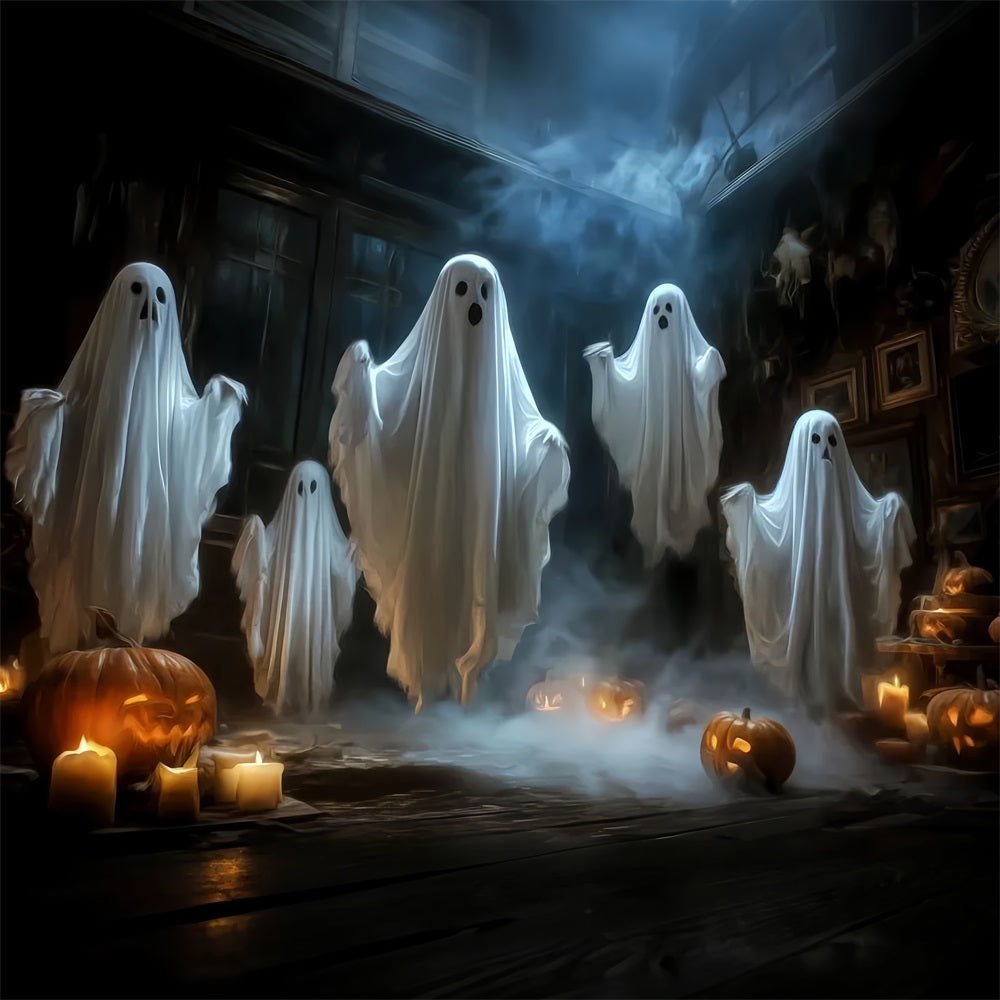 Halloween-Geister-Fotohintergrund Schwebende Geister Kerzen Kürbisse Gruseliger Halloween-Fotohintergrund TWW59-65