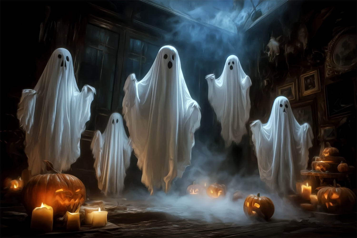 Halloween-Geister-Fotohintergrund Schwebende Geister Kerzen Kürbisse Gruseliger Halloween-Fotohintergrund TWW59-65