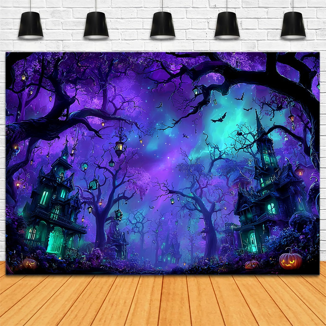 Halloween-Farbhintergrund Verzauberter violetter Spukwald Halloween-Fotohintergrundideen TWW59-66