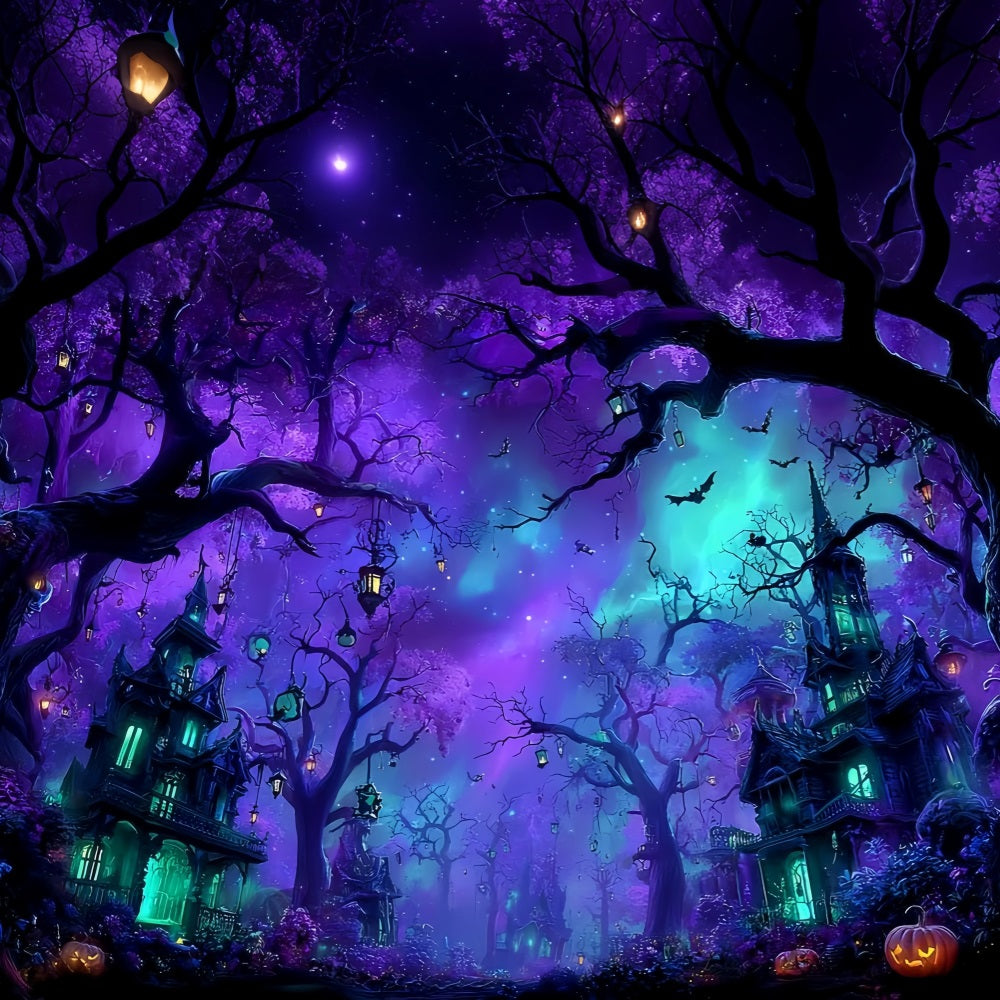 Halloween-Farbhintergrund Verzauberter violetter Spukwald Halloween-Fotohintergrundideen TWW59-66