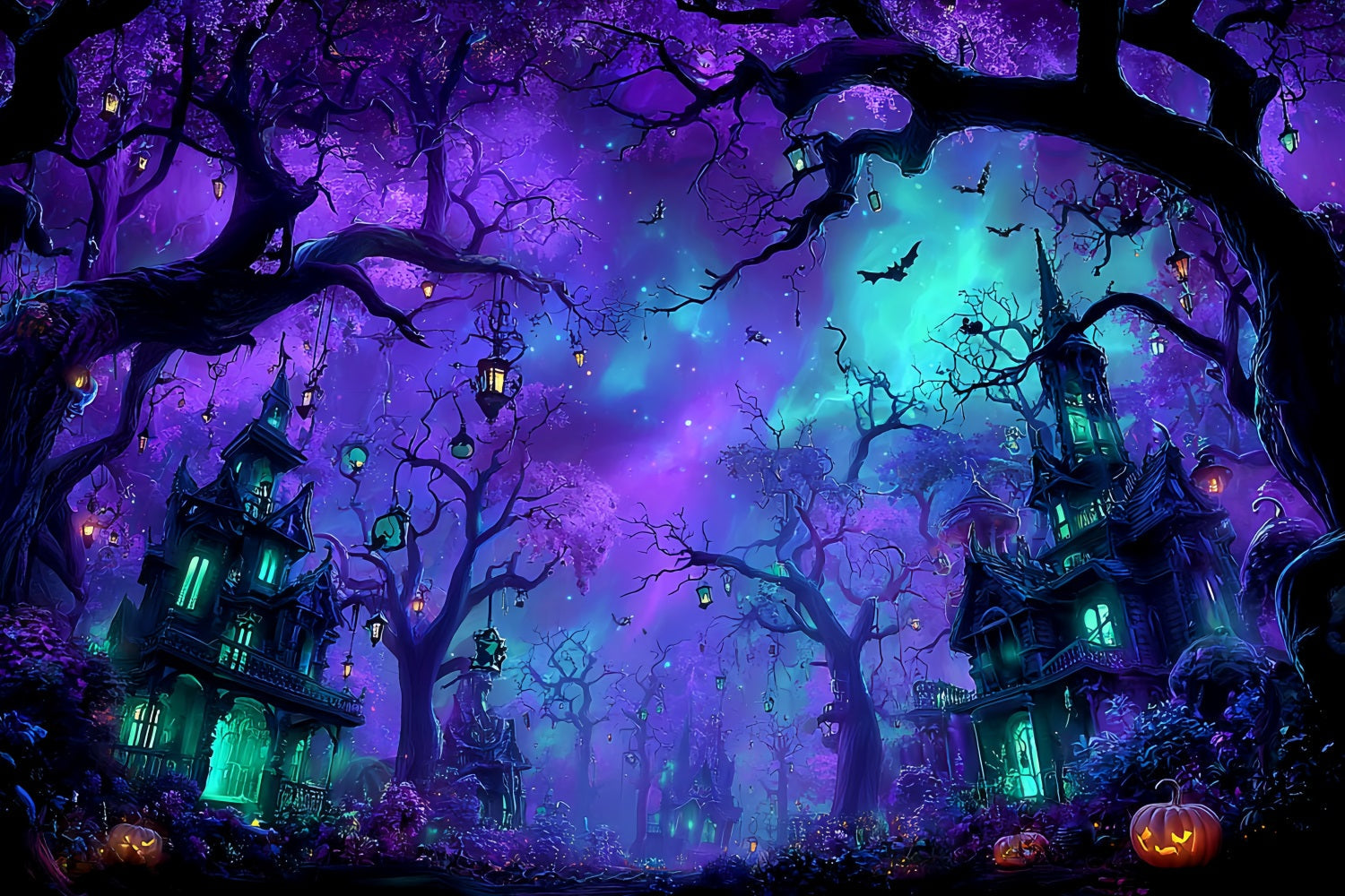 Halloween-Farbhintergrund Verzauberter violetter Spukwald Halloween-Fotohintergrundideen TWW59-66