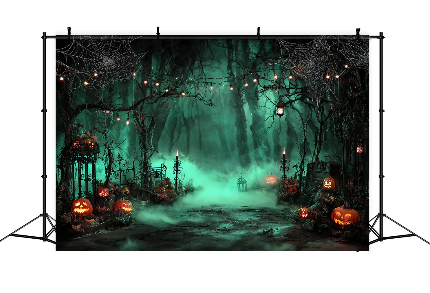 Halloween-Farbhintergrund Nebliger Friedhof Kürbislaternen Halloween-Fotohintergründe TWW59-69