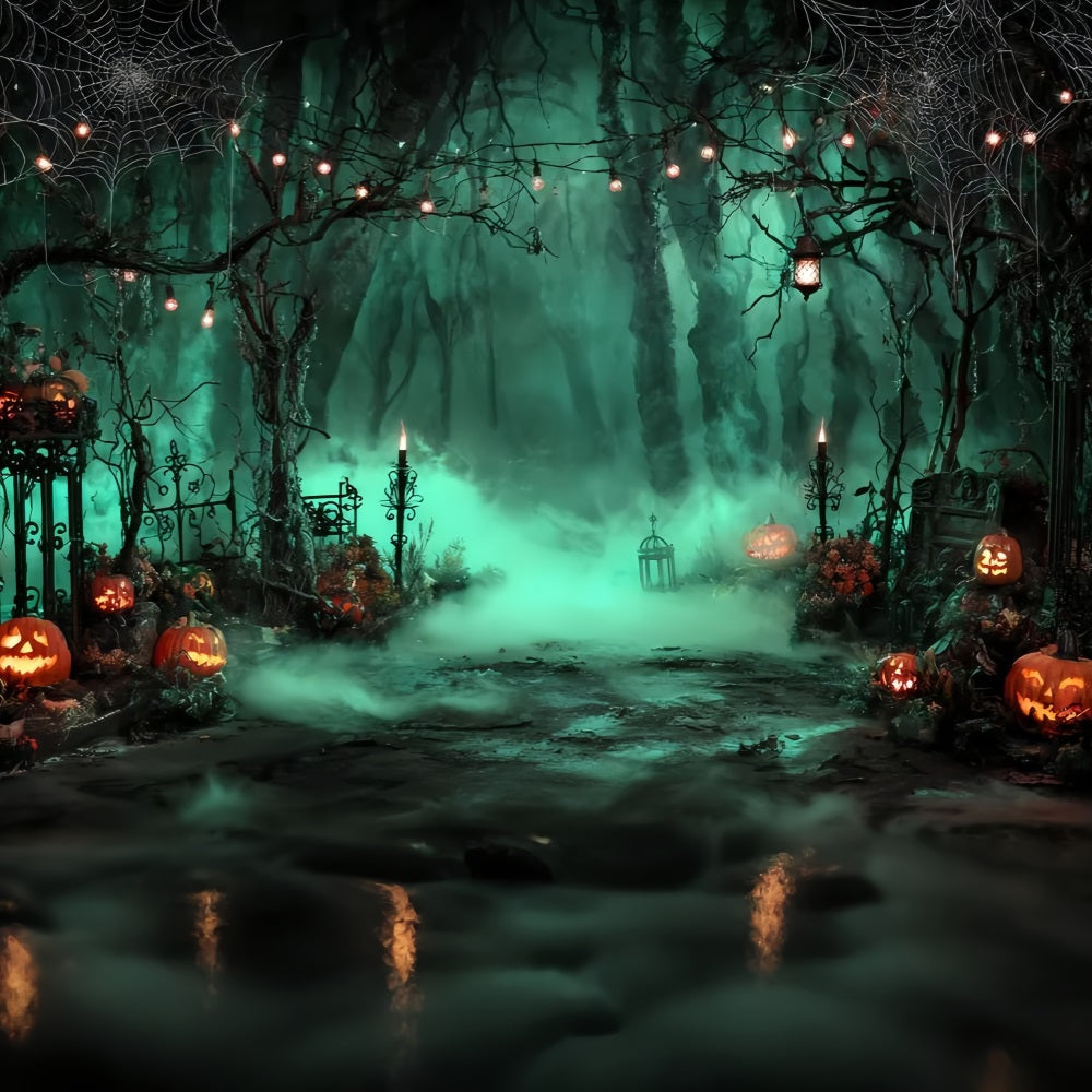 Halloween-Farbhintergrund Nebliger Friedhof Kürbislaternen Halloween-Fotohintergründe TWW59-69
