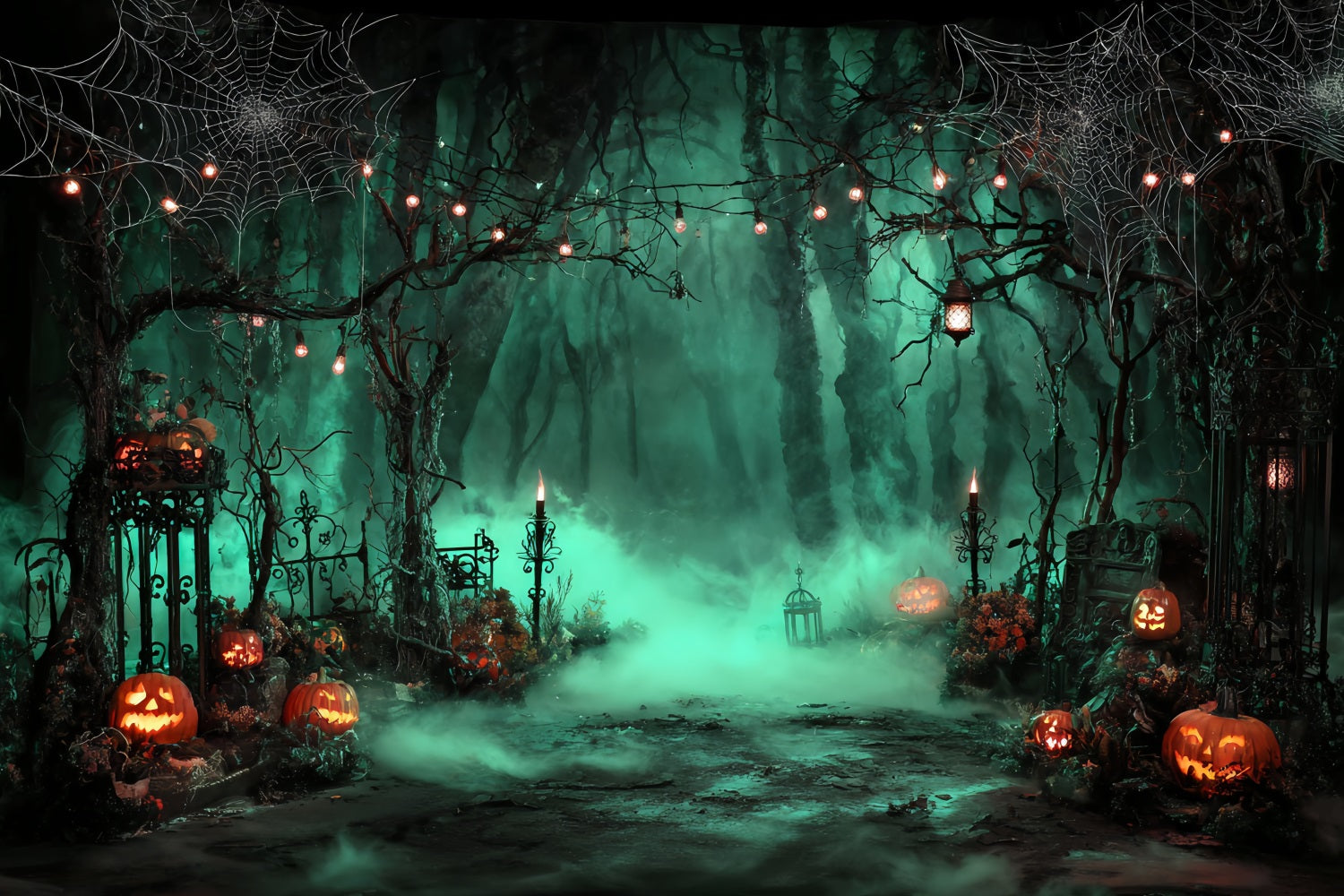 Halloween-Farbhintergrund Nebliger Friedhof Kürbislaternen Halloween-Fotohintergründe TWW59-69