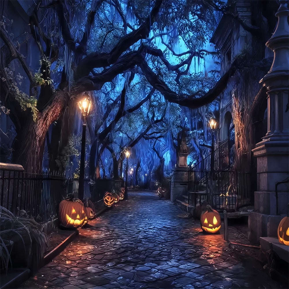 Halloween-Geisterwald-Fotohintergrund Gruselige Kürbislaternenstraße Halloween-Hintergründe TWW59-70