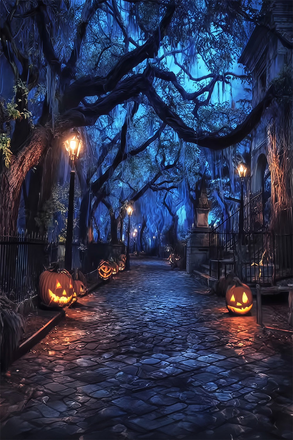 Halloween-Geisterwald-Fotohintergrund Gruselige Kürbislaternenstraße Halloween-Hintergründe TWW59-70