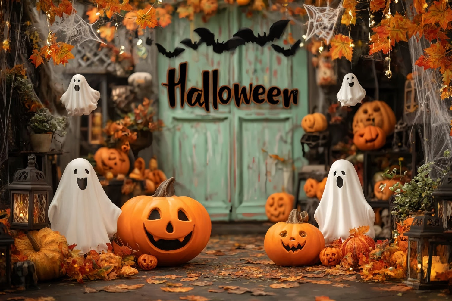 Halloween-Fotohintergrund mit Geistern Lächelnde Kürbisse Herbstgeister Halloween-Fotohintergrund TWW59-72