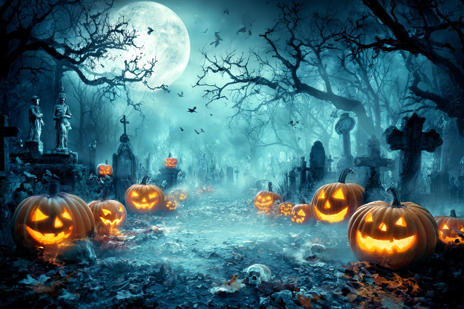 Halloween-Friedhofshintergrund Gruseliger Friedhof Kürbislaternen Halloween-Fotohintergrund TWW59-73