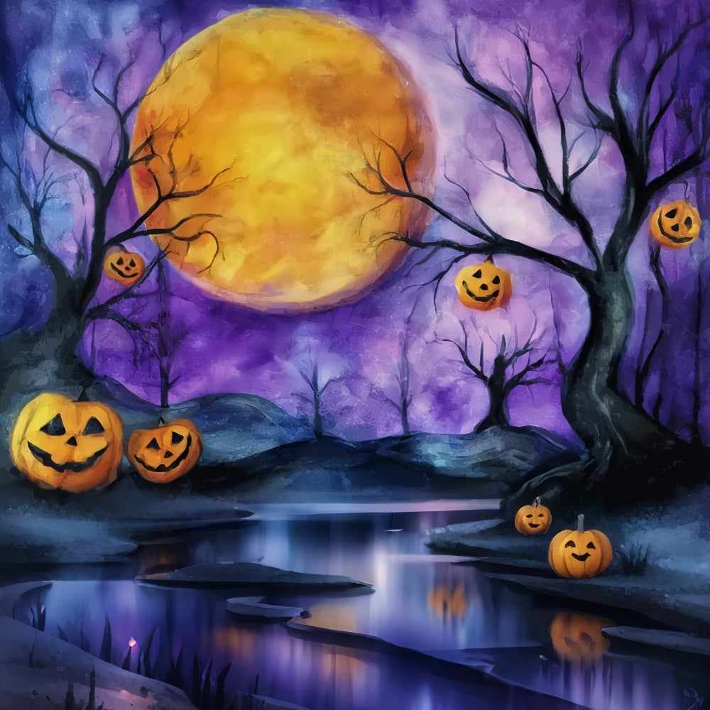 Halloween-Mond-Fotohintergrund Kürbis Mondschein Lila Himmel Halloween-Hintergründe TWW59-74