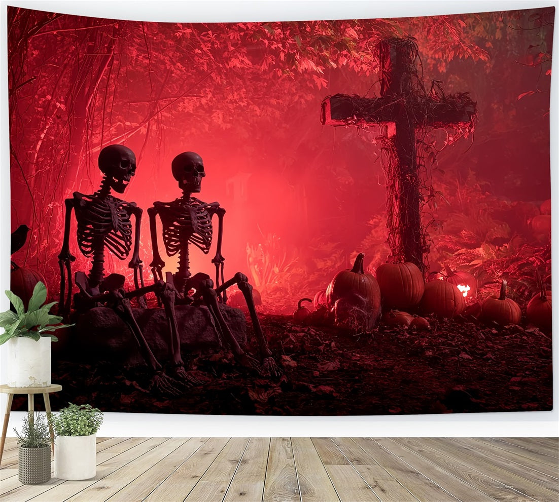 Halloween-Grusel-Fotohintergrund Skelett Friedhof Rotes Leuchten Gruseliger Halloween-Fotohintergrund TWW59-75