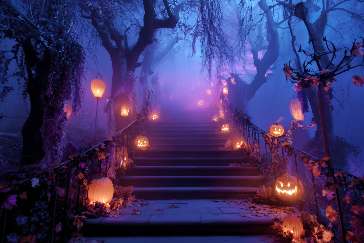 Halloween-Farbhintergrund Kürbislaterne Treppenweg Gruselige Halloween-Hintergründe TWW59-76