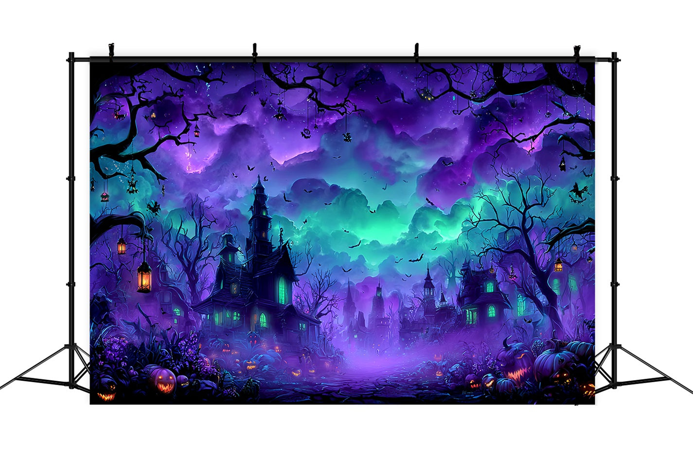Halloween-Farbenhintergrund Spukdorf Nebelige Nacht Halloween-Fotohintergrund TWW59-77