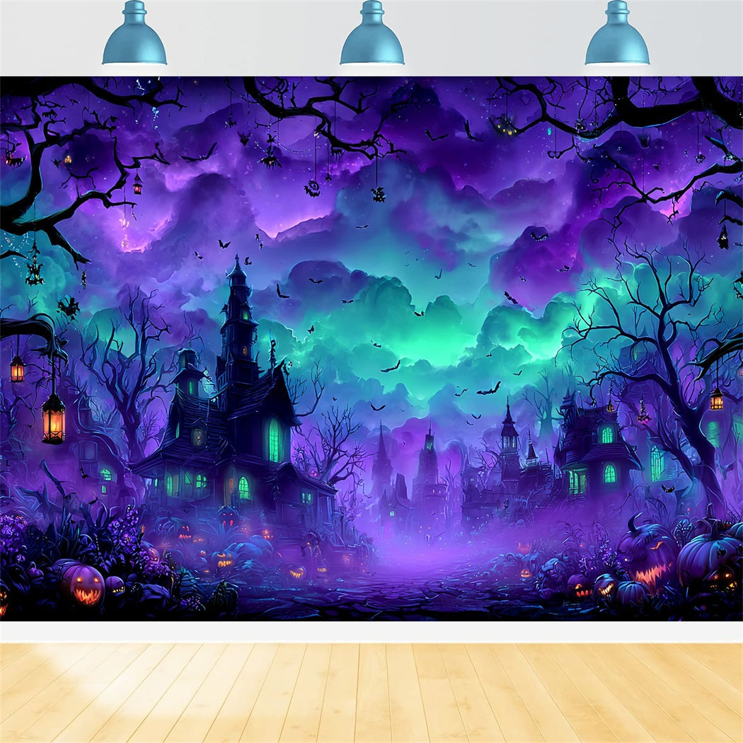 Halloween-Farbenhintergrund Spukdorf Nebelige Nacht Halloween-Fotohintergrund TWW59-77