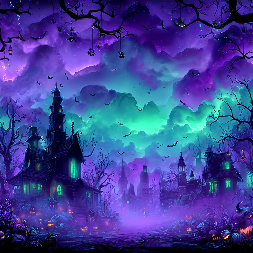 Halloween-Farbenhintergrund Spukdorf Nebelige Nacht Halloween-Fotohintergrund TWW59-77