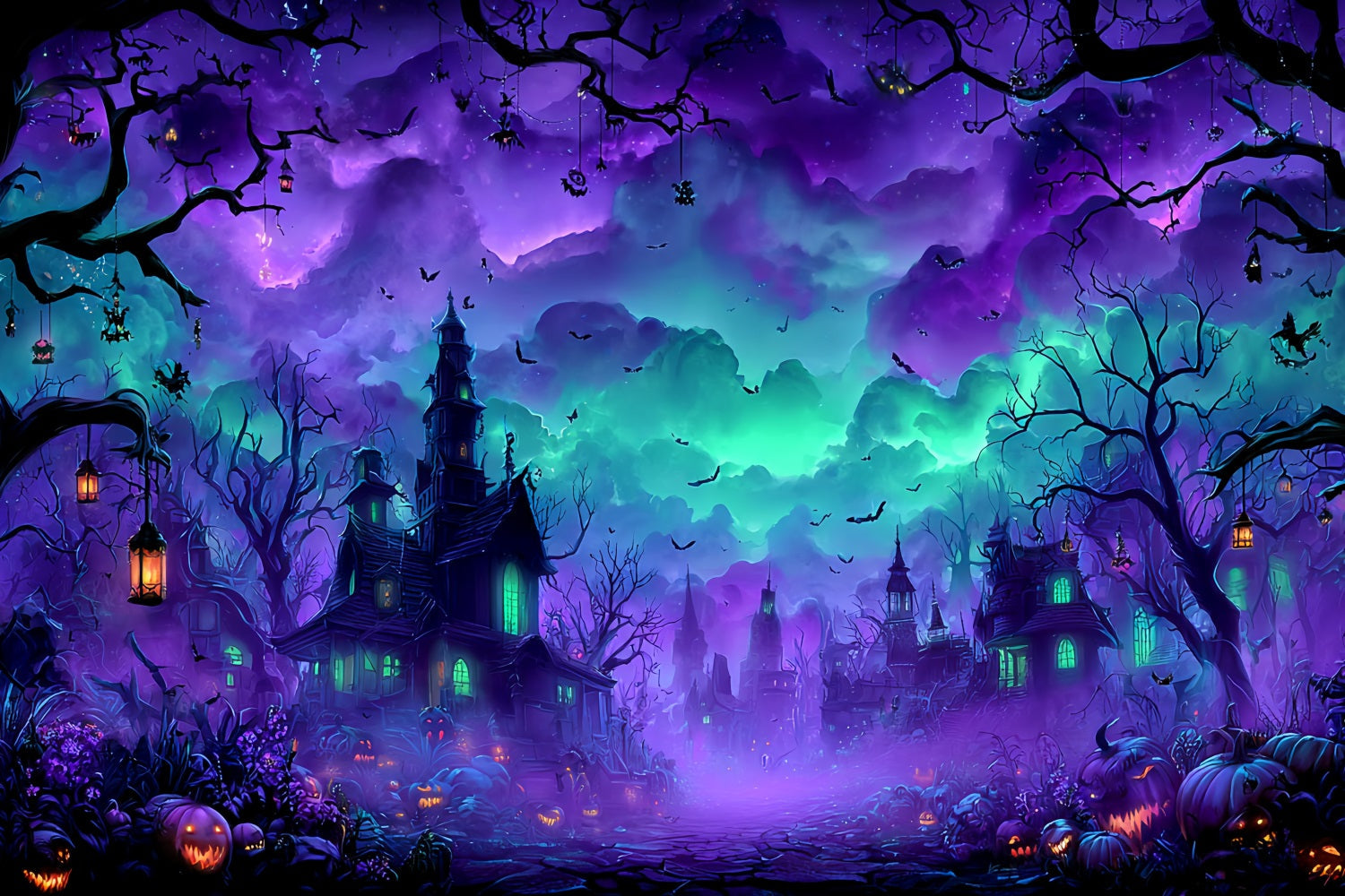 Halloween-Farbenhintergrund Spukdorf Nebelige Nacht Halloween-Fotohintergrund TWW59-77