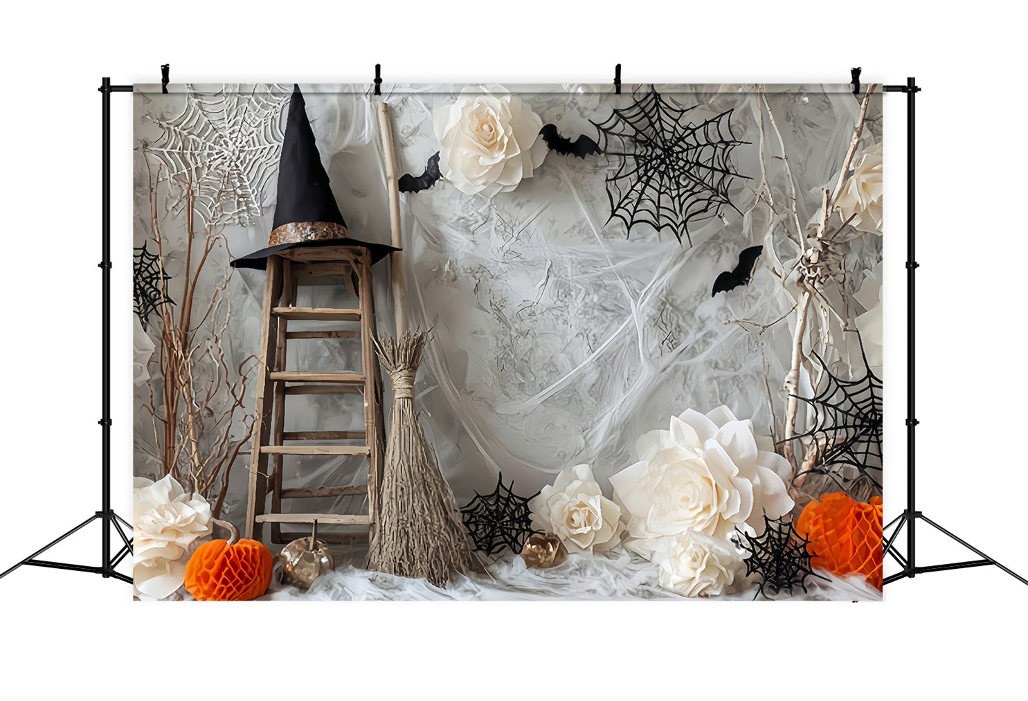 Halloween-Spinnenhintergrund Hexenleiter Fledermäuse Blumen Halloween-Fotohintergrund TWW59-78