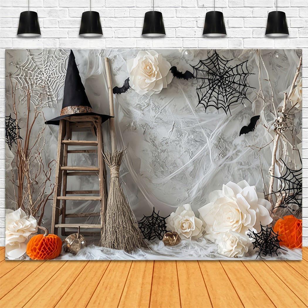 Halloween-Spinnenhintergrund Hexenleiter Fledermäuse Blumen Halloween-Fotohintergrund TWW59-78
