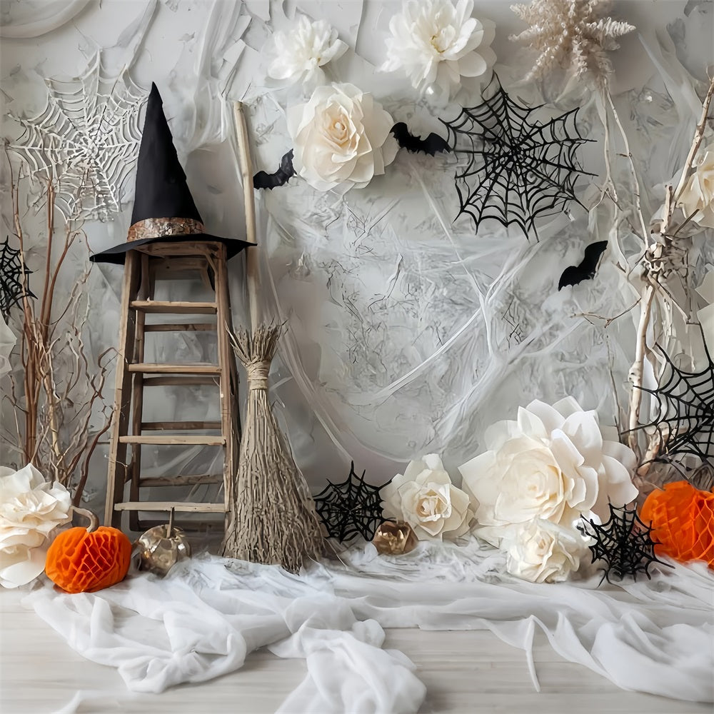 Halloween-Spinnenhintergrund Hexenleiter Fledermäuse Blumen Halloween-Fotohintergrund TWW59-78