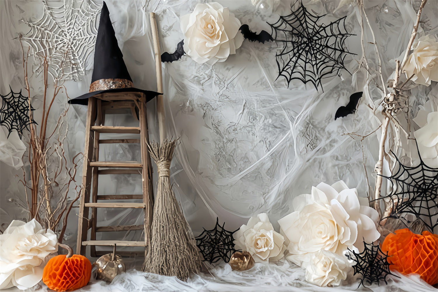Halloween-Spinnenhintergrund Hexenleiter Fledermäuse Blumen Halloween-Fotohintergrund TWW59-78