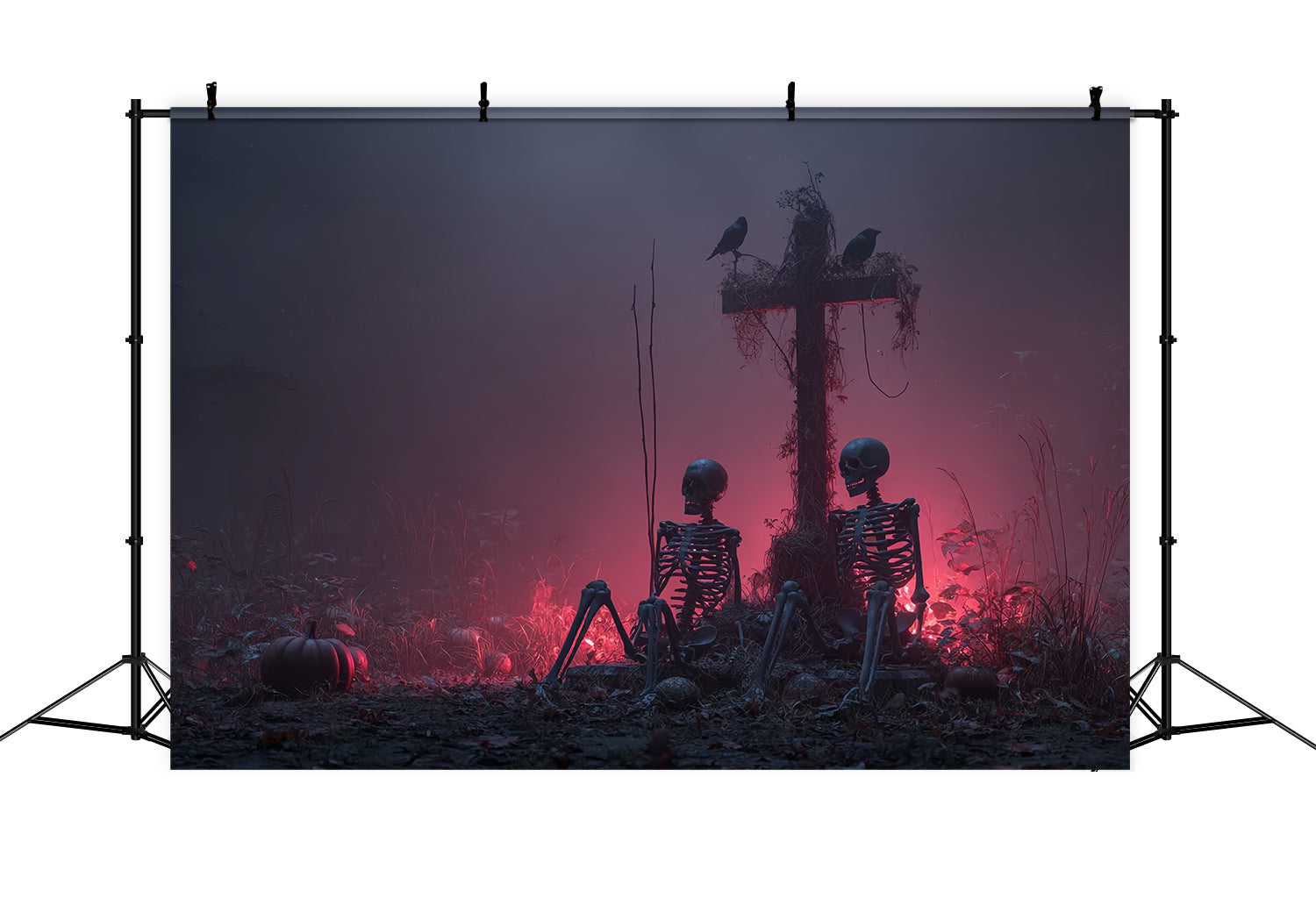 Halloween-Horror-Fotohintergrund Skelette Kreuz Roter Nebel Gruselige Halloween-Hintergründe TWW59-80