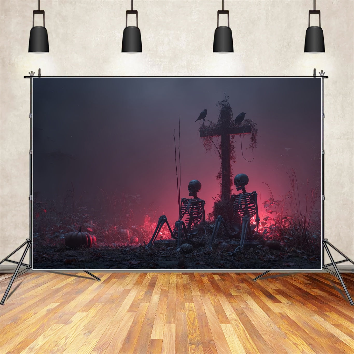 Halloween-Horror-Fotohintergrund Skelette Kreuz Roter Nebel Gruselige Halloween-Hintergründe TWW59-80