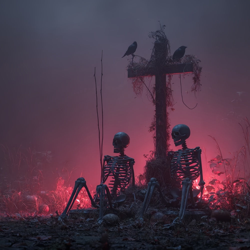 Halloween-Horror-Fotohintergrund Skelette Kreuz Roter Nebel Gruselige Halloween-Hintergründe TWW59-80