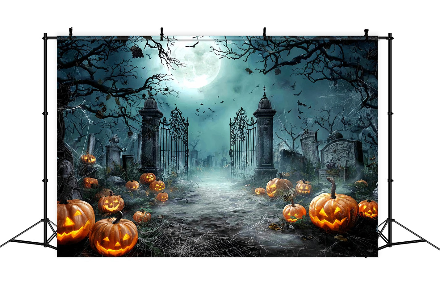 Halloween-Friedhof-Fotohintergrund Mondbeschienener Friedhof Kürbisse Halloween-Fotohintergründe TWW59-81