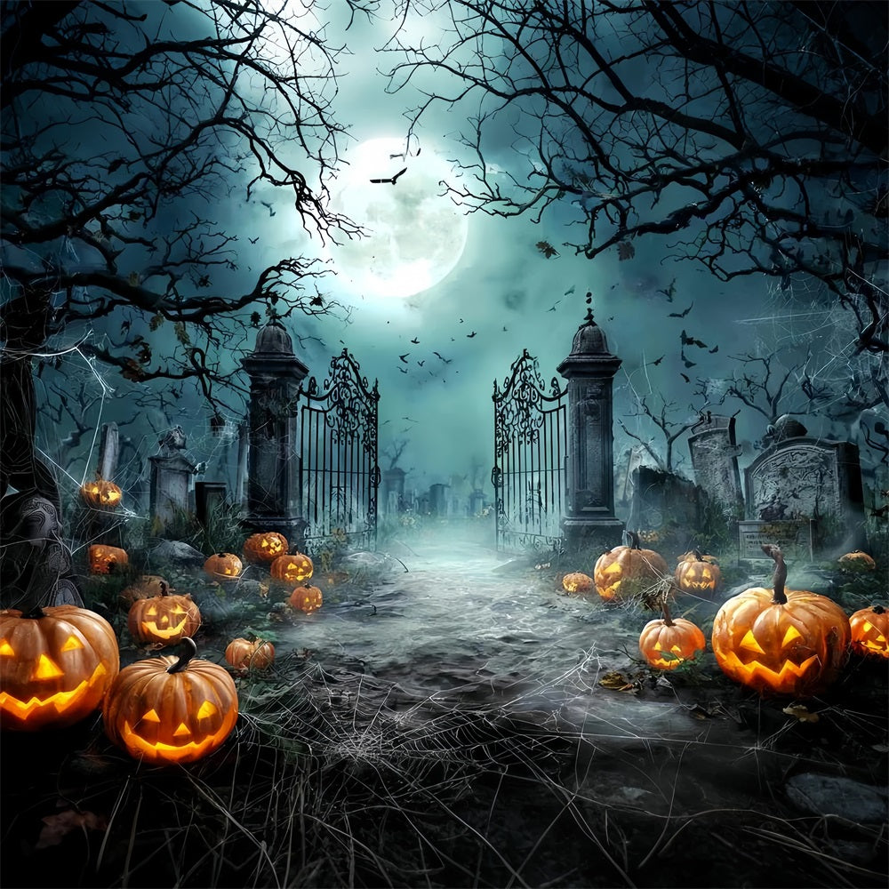 Halloween-Friedhof-Fotohintergrund Mondbeschienener Friedhof Kürbisse Halloween-Fotohintergründe TWW59-81