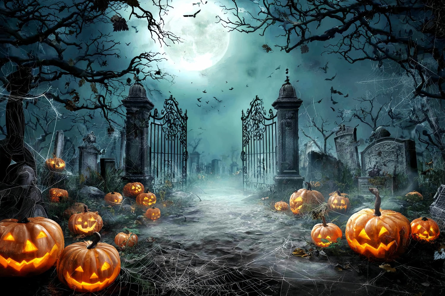 Halloween-Friedhof-Fotohintergrund Mondbeschienener Friedhof Kürbisse Halloween-Fotohintergründe TWW59-81